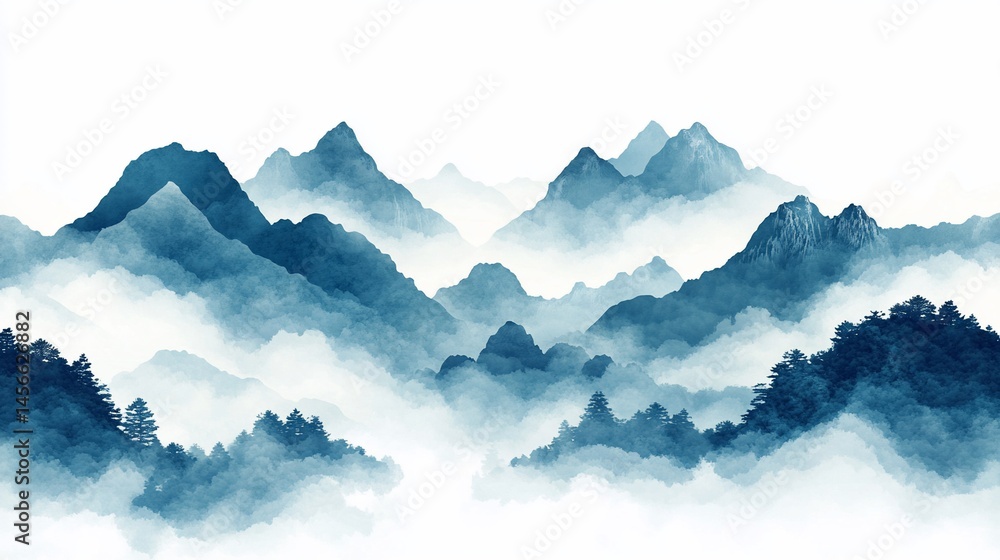 Fototapeta premium Serene blue mountains landscape painting with hazy mist and forest