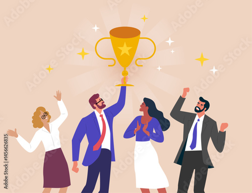business team success illustration group happy diverse people business suit cup manager background achievement cheerful colleague company
