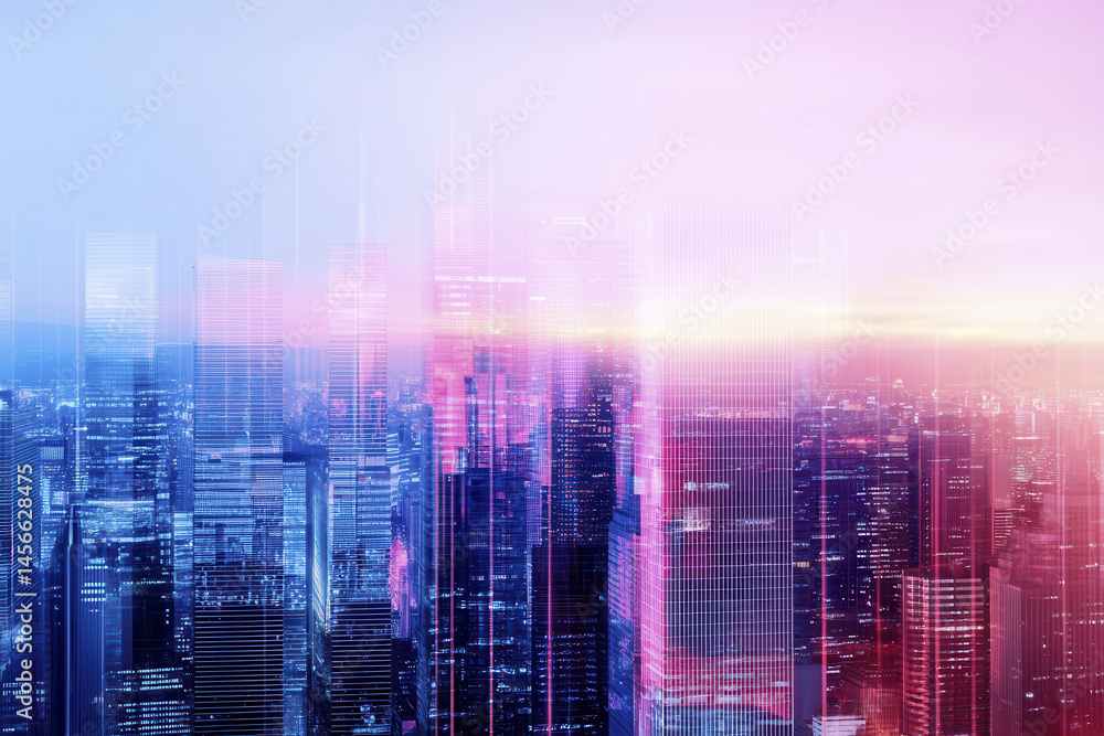 Vibrant city skyline with abstract light effects at sunset, showcasing urban beauty and modern architecture Vibrant city skyline with abstract light effects at sunset, showcasing urban beauty and modern architecture