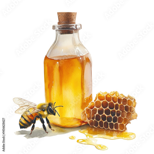 Realistic Watercolour of Manuka Bottle with Honeycomb and Bee