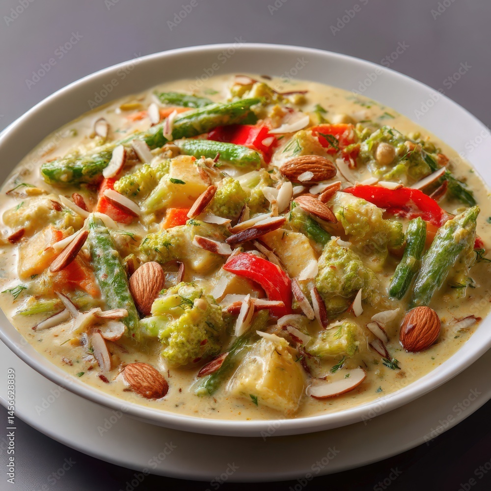 a plate of vegetable korma in creamy coconut curry a plate of vegetable korma in creamy coconut curry