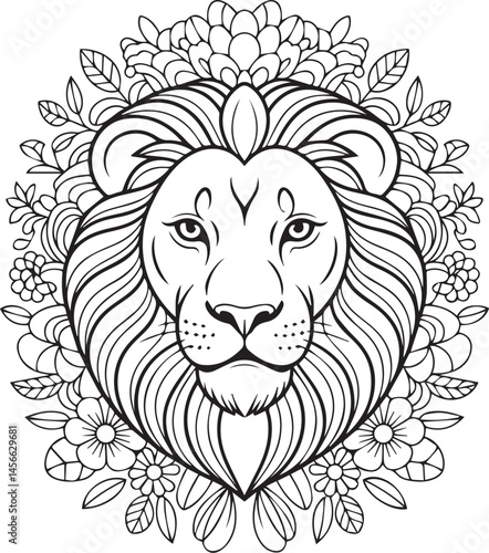 Lion head mandala detailed coloring page for adults, black line art vector illustration for design elements