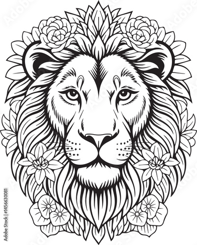 Lion head mandala detailed coloring page for adults, black line art vector illustration for design elements