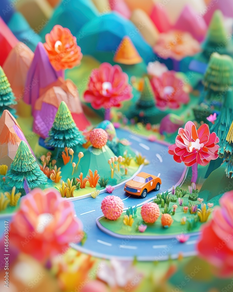 Fototapeta premium Orange Car Driving on Winding Road Through Colorful Paper Landscape Tilt Shift Close Up