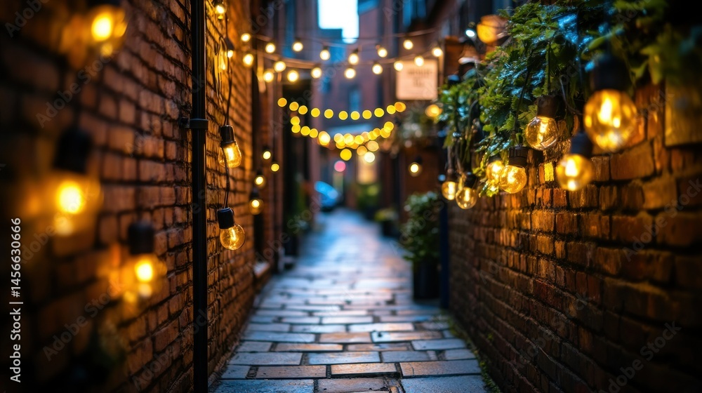 Fototapeta premium Brick alleyway lit with warm, strung, incandescent bulbs