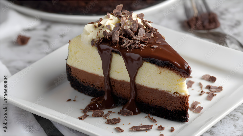 Luxurious cheesecake dessert featuring rich layers of fudge and creamy filling on a white plate Luxurious cheesecake dessert featuring rich layers of fudge and creamy filling on a white plate