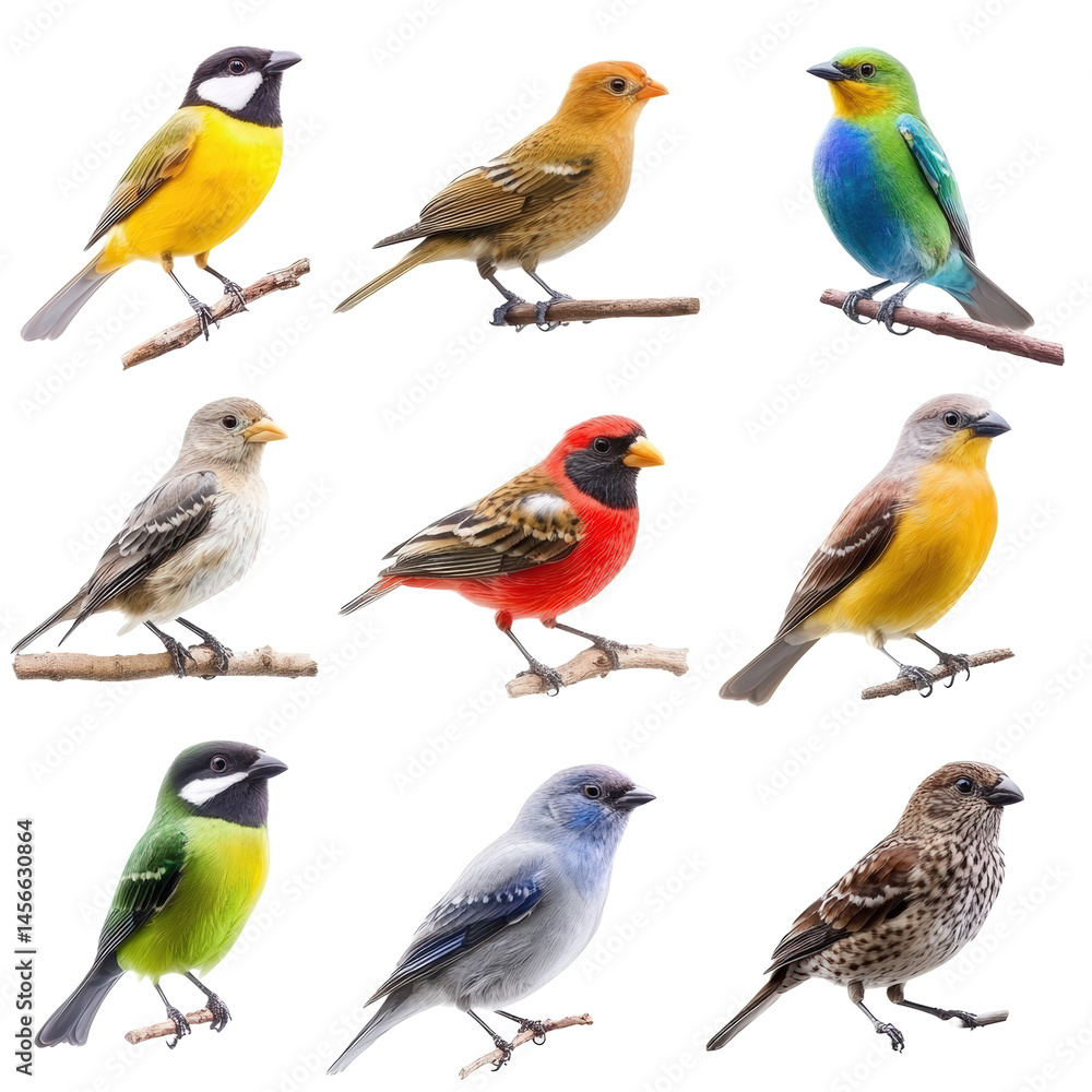 Fototapeta premium Vibrant Isolated Birds on White Background in High Fidelity Style