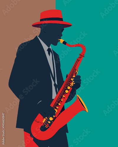 A flat design poster of a jazz musician playing a saxophone, with bold shapes and a teal-red color scheme.