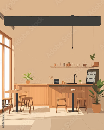 A cozy coffee shop interior with clean lines, warm tones, and subtle texture details.