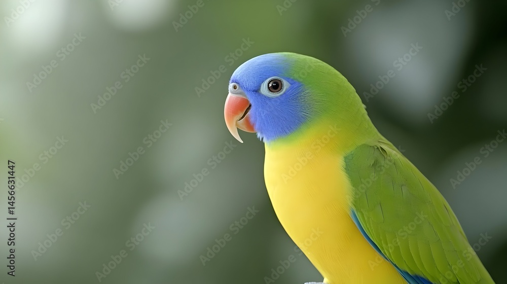 Vibrant parrot, predominantly green and yellow, with a striking blue head and a reddish-orange beak, set against a blurred natural background Vibrant parrot, predominantly green and yellow, with a striking blue head and a reddish-orange beak, set against a blurred natural background