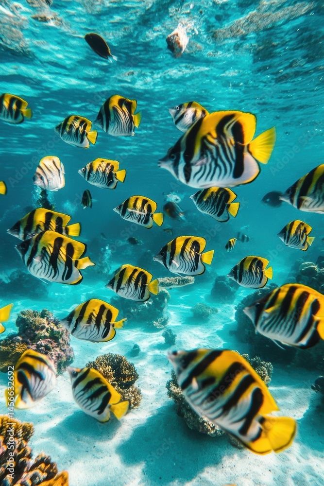 Fototapeta premium School of Yellowtail Butterflyfish Swimming Underwater in Tropical Coral Reef Ecosystems Eye Level View