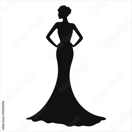 Elegant Vector Silhouette of a Woman in a Long Gown/A sophisticated silhouette of a woman in a long, flowing gown.