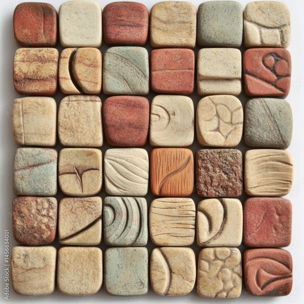 Stone tile arrangement overhead shot displaying texture pattern color variation material design aesthetic Stone tile arrangement overhead shot displaying texture pattern color variation material design aesthetic
