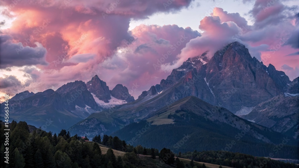 Obraz premium Pink Sunset Over Dolomites Majestic Mountain Landscape, Wide Composition, Dramatic Cloudscape, Dolomites, Mountain Photography , Landscape Photography, Italy