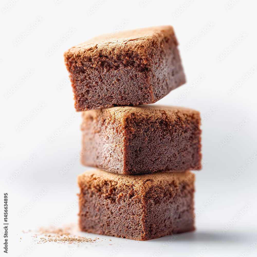 Three delicious brownies stacked high on each other showcasing their rich chocolate flavor perfectly complementing a coffee pairing Three delicious brownies stacked high on each other showcasing their rich chocolate flavor perfectly complementing a coffee pairing