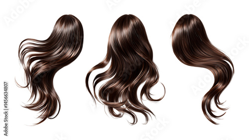 Set of Three Brown Wavy Hairstyles Against Transparent Background