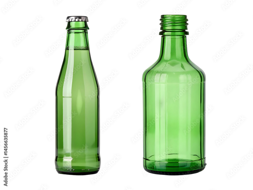 Two green glass bottles mockup for beverage on transparent background Two green glass bottles mockup for beverage on transparent background