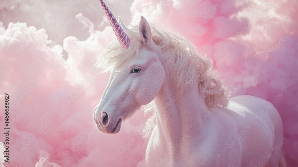 Naklejka premium Majestic white unicorn in a dreamy pink cloud