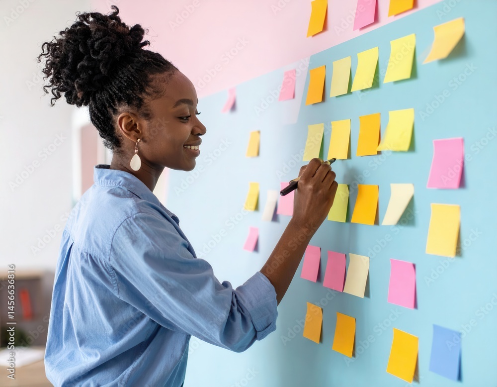Woman attaching colorful sticky notes on a blue wall, engaged in creative brainstorming or project planning in a bright workspace Woman attaching colorful sticky notes on a blue wall, engaged in creative brainstorming or project planning in a bright workspace