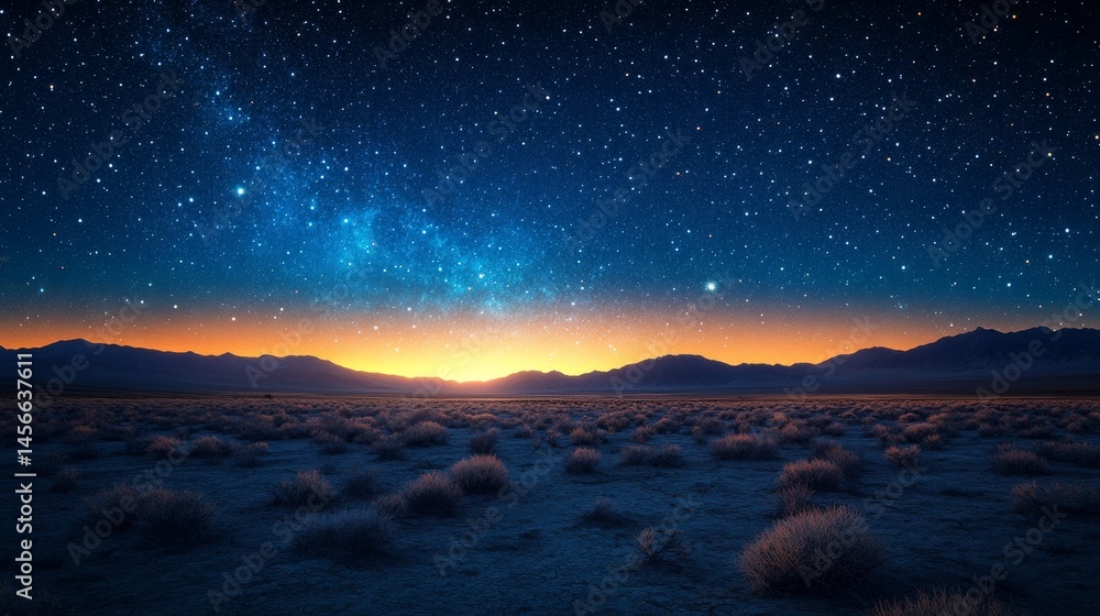 Fototapeta premium Vibrant sunrise over a desert landscape under a breathtaking starry night sky.