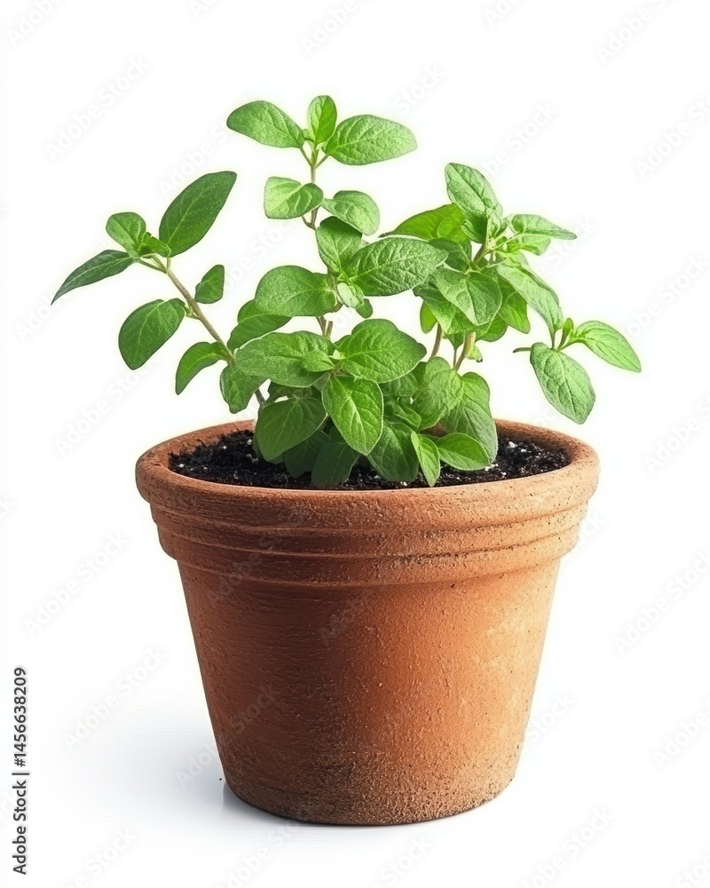 Oregano plant growing in terracotta pot on white background studio shot close up of fresh herb for cooking Oregano plant growing in terracotta pot on white background studio shot close up of fresh herb for cooking