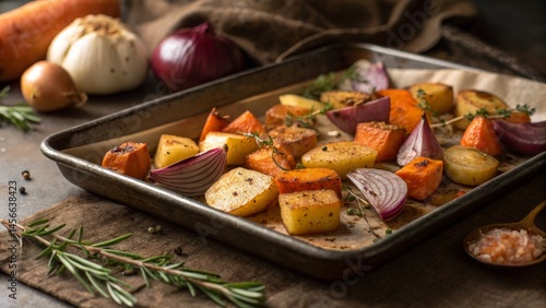 Roasted Root Vegetable Tray Bake Autumnal Colors and Spices, Fall Harvest Recipe, Food Photography Fall Harvest, Root Vegetables