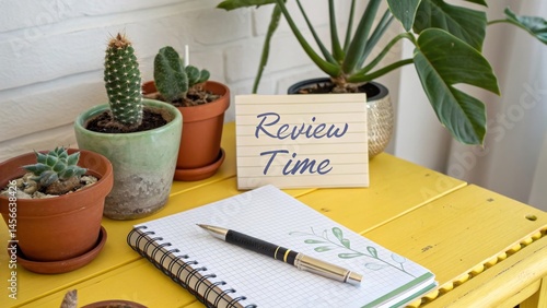 Review Time Succulents, Notebook, Pen, Yellow Table, Plant Composition, Flatlay. Productivity, Planning