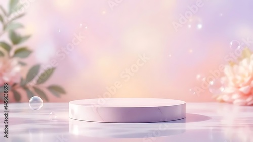 Pastel pink podium with flowers and bubbles. Perfect for product display or cosmetic presentation.