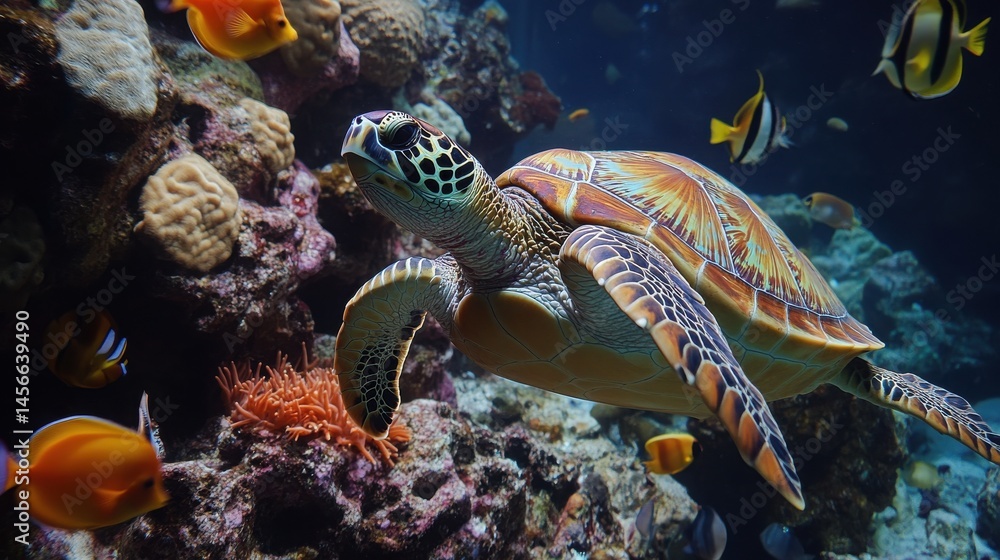 Fototapeta premium turtle with group of colorful fish and sea animals with colorful coral underwater in ocean.