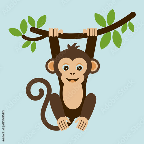 Cute Monkey Hanging On Tree Branch Vector Illustration