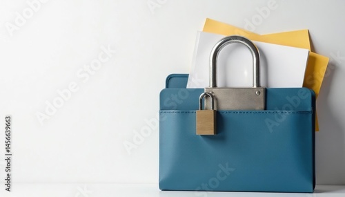 Padlocked folder, confidential papers on white background , concept, information