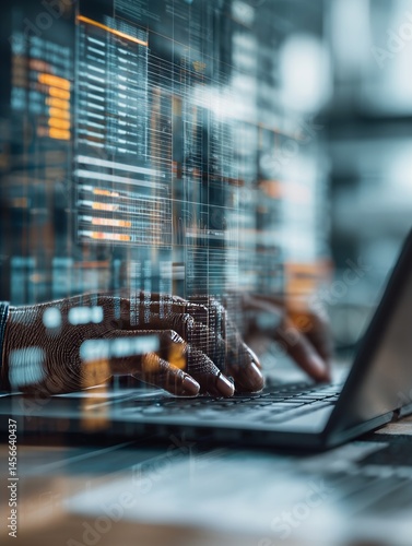 A close-up view captures a hand typing on a keyboard, accompanied by a screen displaying AI software that is assessing the risks posed by IT vendors, all set against the muted tones of an office