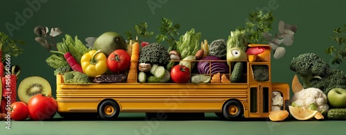A toy school bus and fresh vegetables are set against a green background