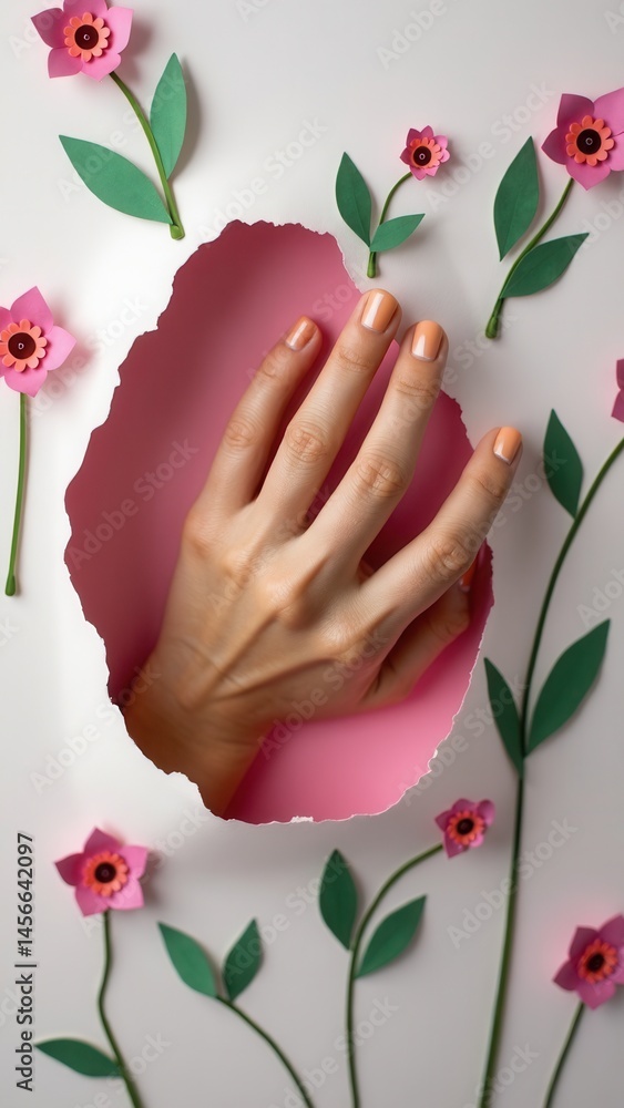 Hand with paper flowers and painted nails is thrust through a hole in the paper background. Cosmetics and hand care, moisturizing and wrinkle reduction.