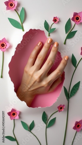Obraz na płótnie Hand with paper flowers and painted nails is thrust through a hole in the paper background. Cosmetics and hand care, moisturizing and wrinkle reduction. w salonie