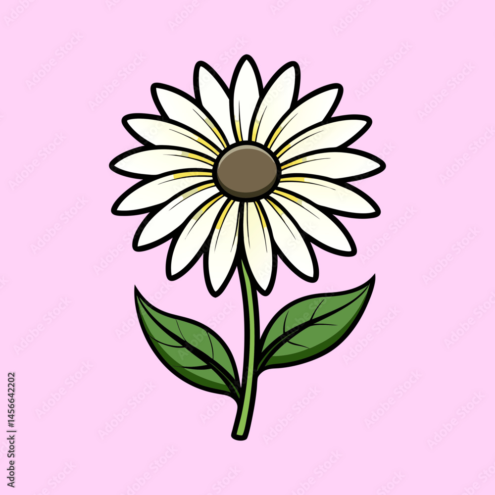 Fototapeta premium A Delicate White Daisy Flower with Lush Green Leaves on a Pink Background A Simple Botanical Illustration