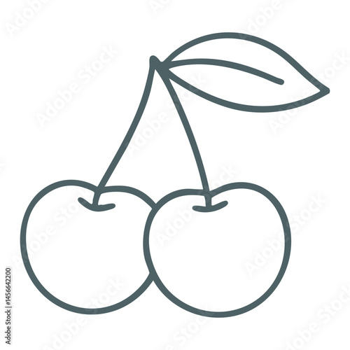 Twin cherry fruit outline vector with stem and leaf.