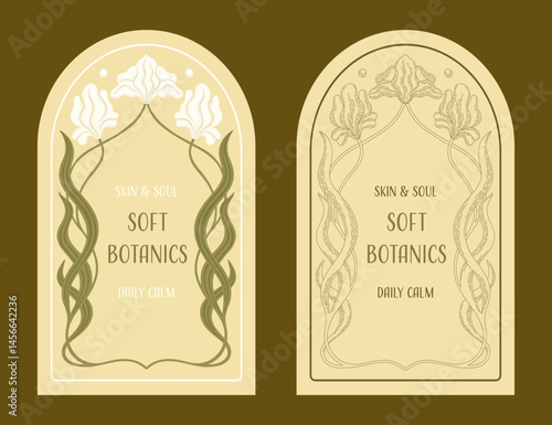 Editable Cosmetic Tags with Floral Design. Art Nouveau Inspired Botanical Labels. Vector.