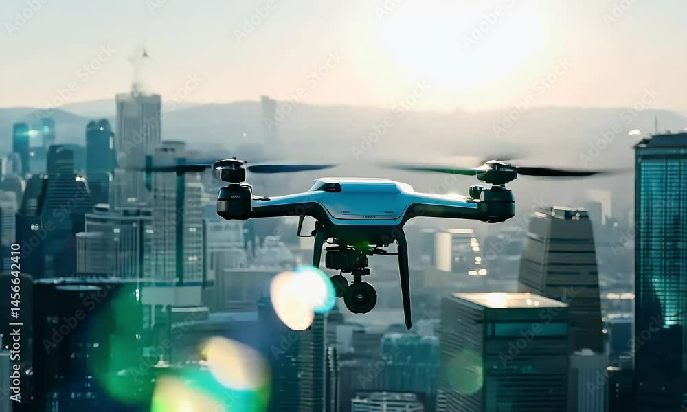 Drone in flight against urban skyline conveying technology and innovation concepts Drone in flight against urban skyline conveying technology and innovation concepts