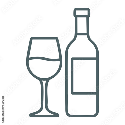 Wine bottle and filled glass in clean vector outline style.