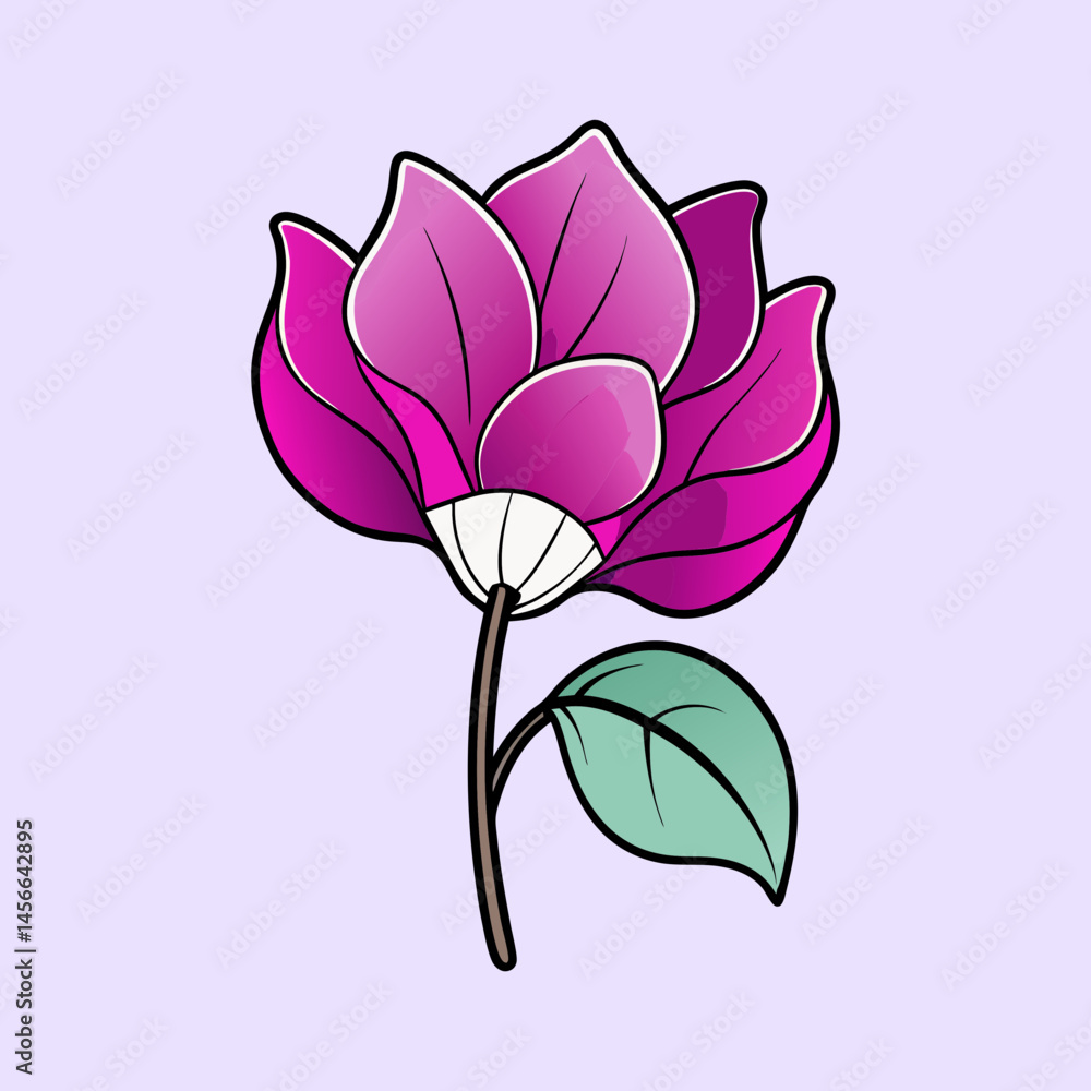 Obraz premium Vibrant Pink Flower Blossom with Green Leaf Illustration Graphic Design