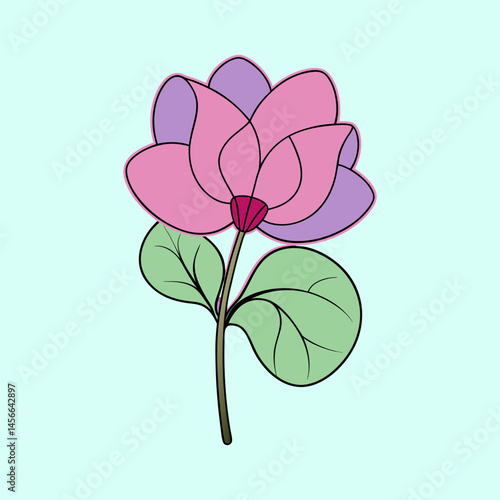 Pretty Pink and Purple Flower with Green Leaves on Light Blue Background