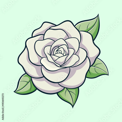 A Delicate Illustration of a Single White Rose with Lush Green Leaves