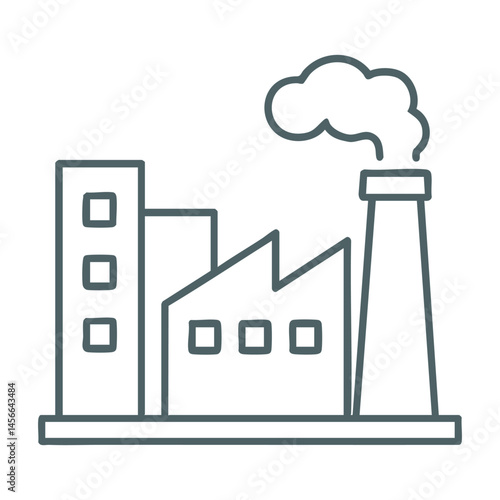 Outlined industrial factory with smoke and chimneys.