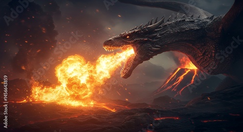 Dragon Breathing Fire in Volcanic Landscape