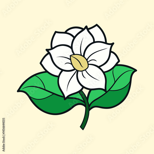 Beautiful White Flower with Green Leaves Botanical Illustration