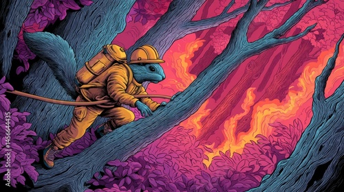 Squirrel firefighter in protective suit battles forest fire in vibrant surreal woodland. Animal hero, wildfire, rescue, fantasy art, dramatic scene.