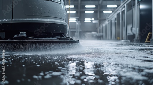 Industrial Floor Scrubber Cleaning Wet Concrete Surface in Factory Warehouse Low Angle Perspective