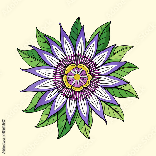 Vibrant Purple Passion Flower with Lush Green Leaves Detailed Illustration