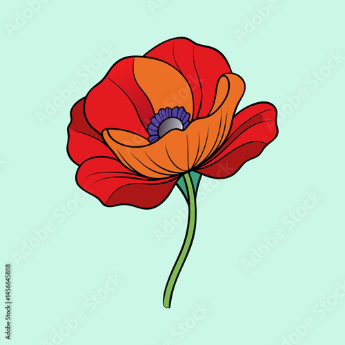 A vibrant illustration of a single red poppy flower with orange center and purple stamen against a light teal background